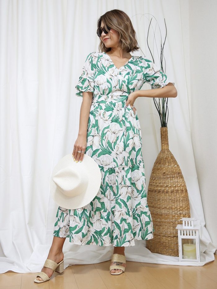 roomy by the sea(ルーミーバイザシー)フローラルリーフ柄シフォンマキシワンピース