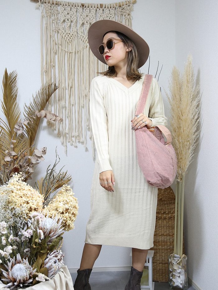 【SALE】roomy by the sea(ルーミーバイザシー)Vネックリブニットワンピース
